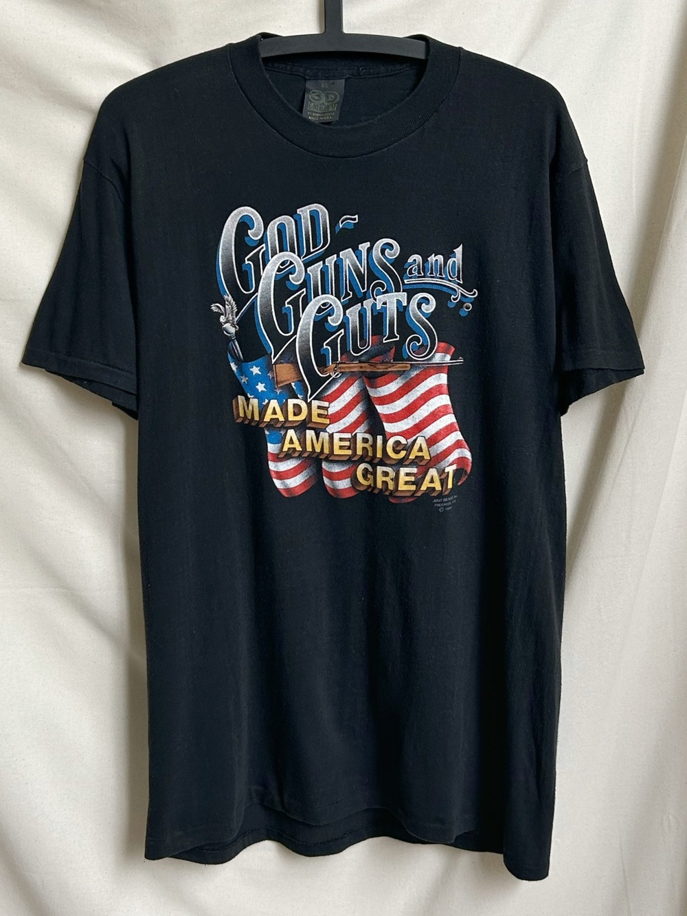 1987 3D Emblem Vintage "God Guns and Guts" t-shirt single stitch Just Brass Inc